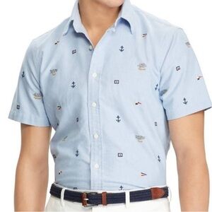 Ralph Lauren Chambray Nautical Print Short Sleeve Buttoned Down Shirt Size L